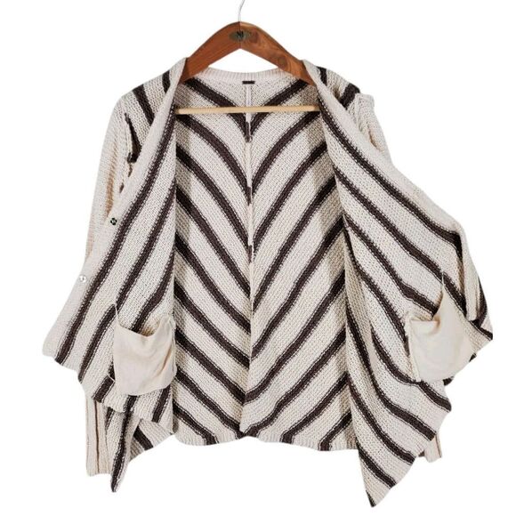 Free People Knit Cardigan Sweater sz S Beige Brown Striped Oversize V-Neck - Picture 5 of 13
